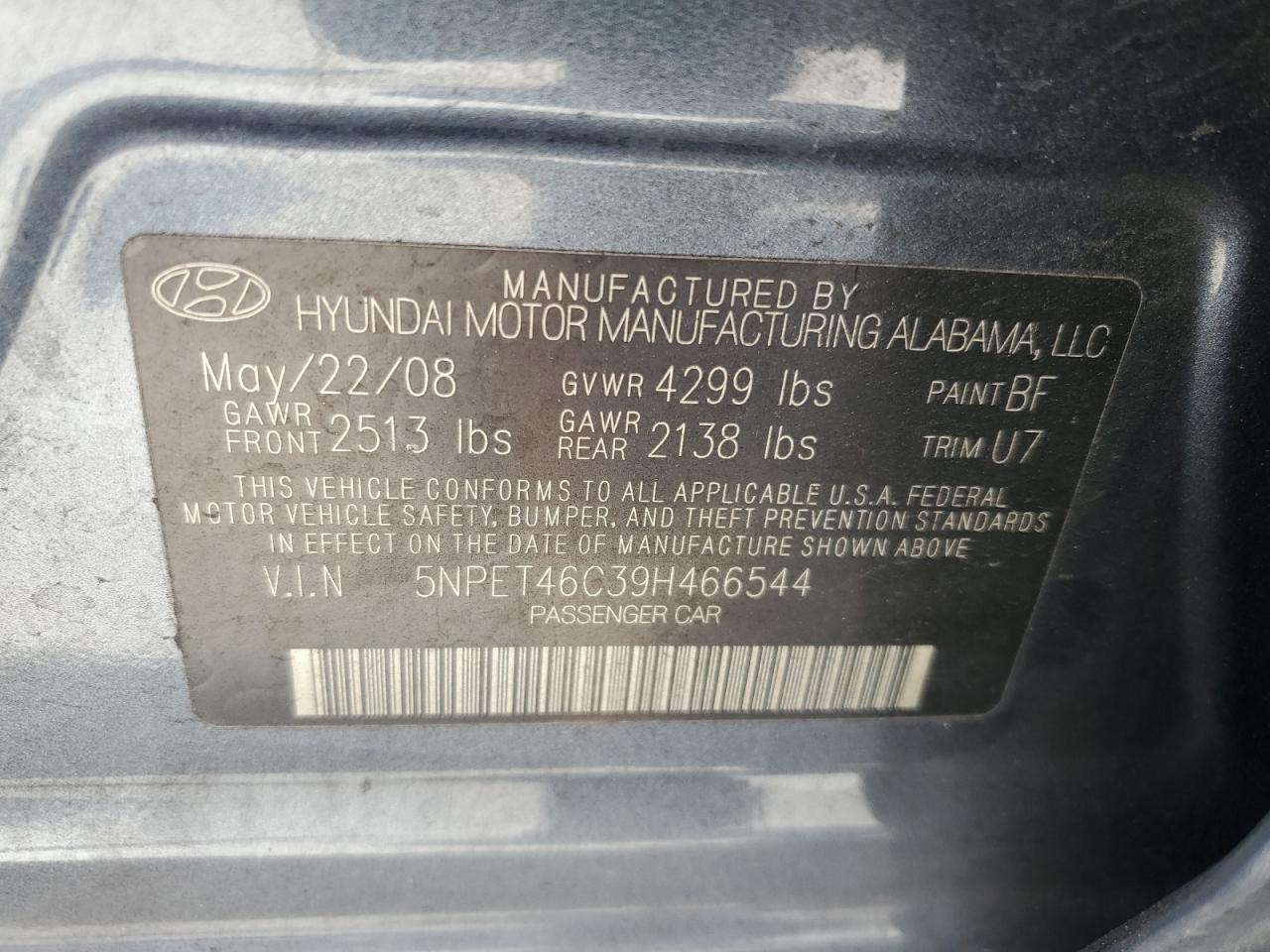 5NPET46C39H466544 2009 Hyundai Sonata Gls