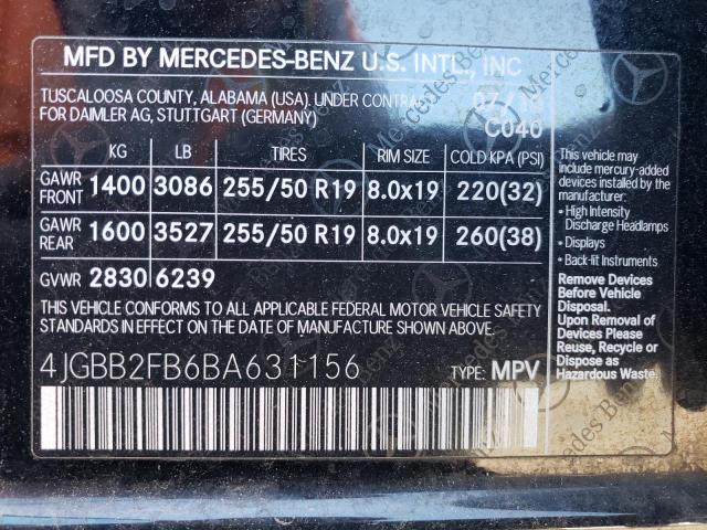 2011 Mercedes-Benz Ml 350 Bluetec VIN: 4JGBB2FB6BA631156 Lot: 59631984