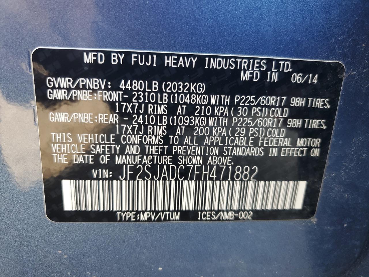 JF2SJADC7FH471882 2015 Subaru Forester 2.5I Premium