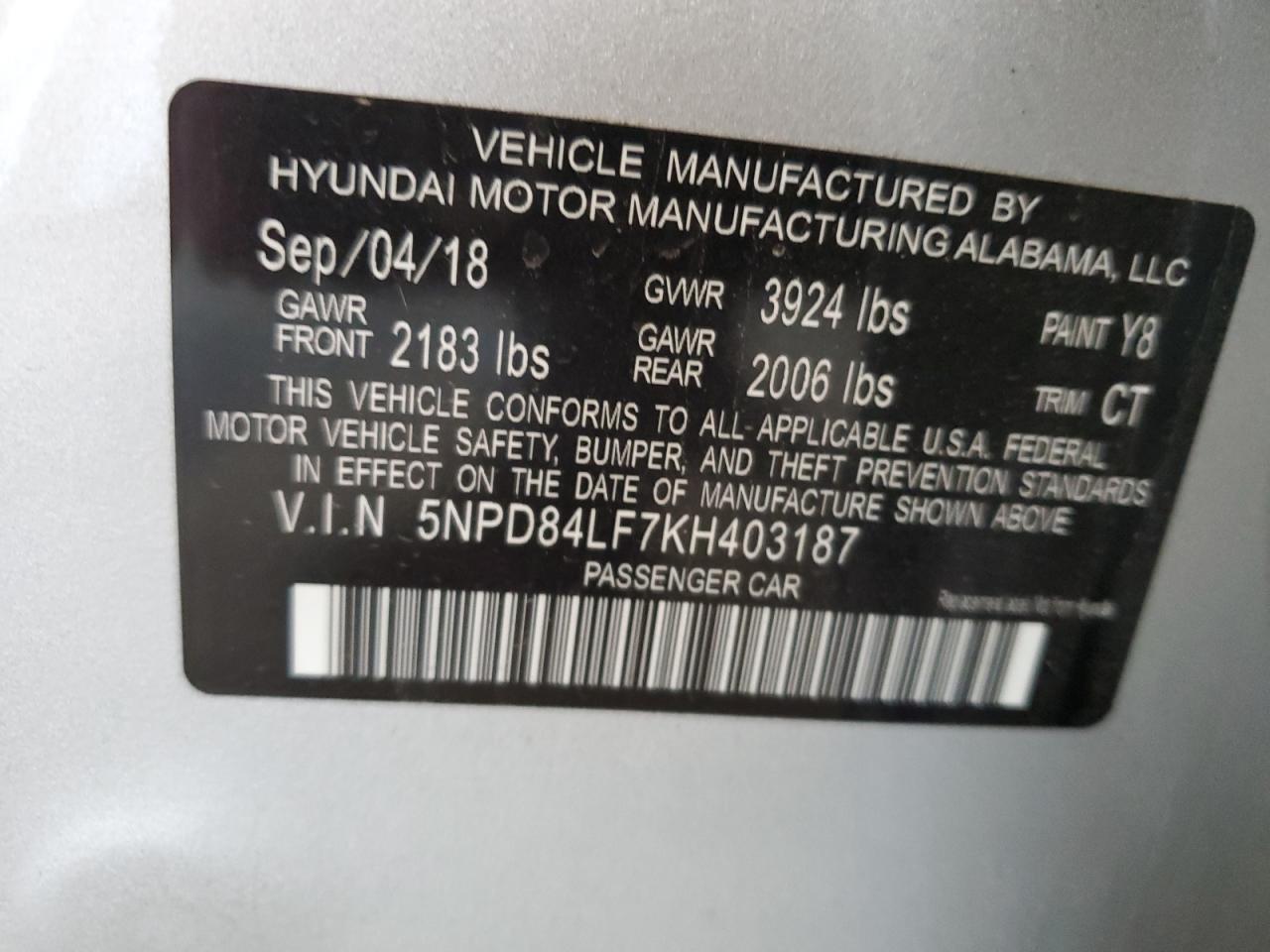 5NPD84LF7KH403187 2019 Hyundai Elantra Sel