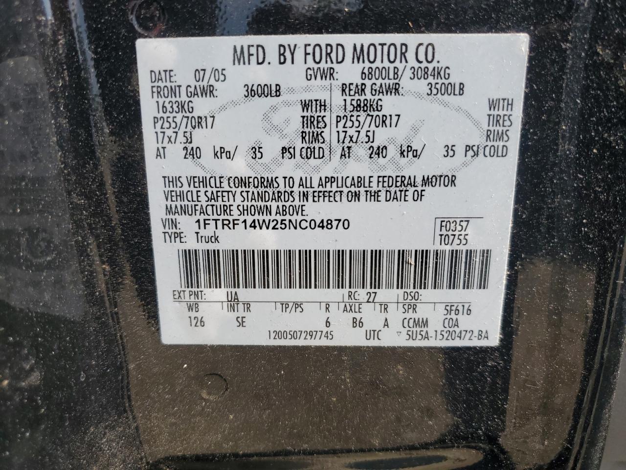 1FTRF14W25NC04870 2005 Ford F150