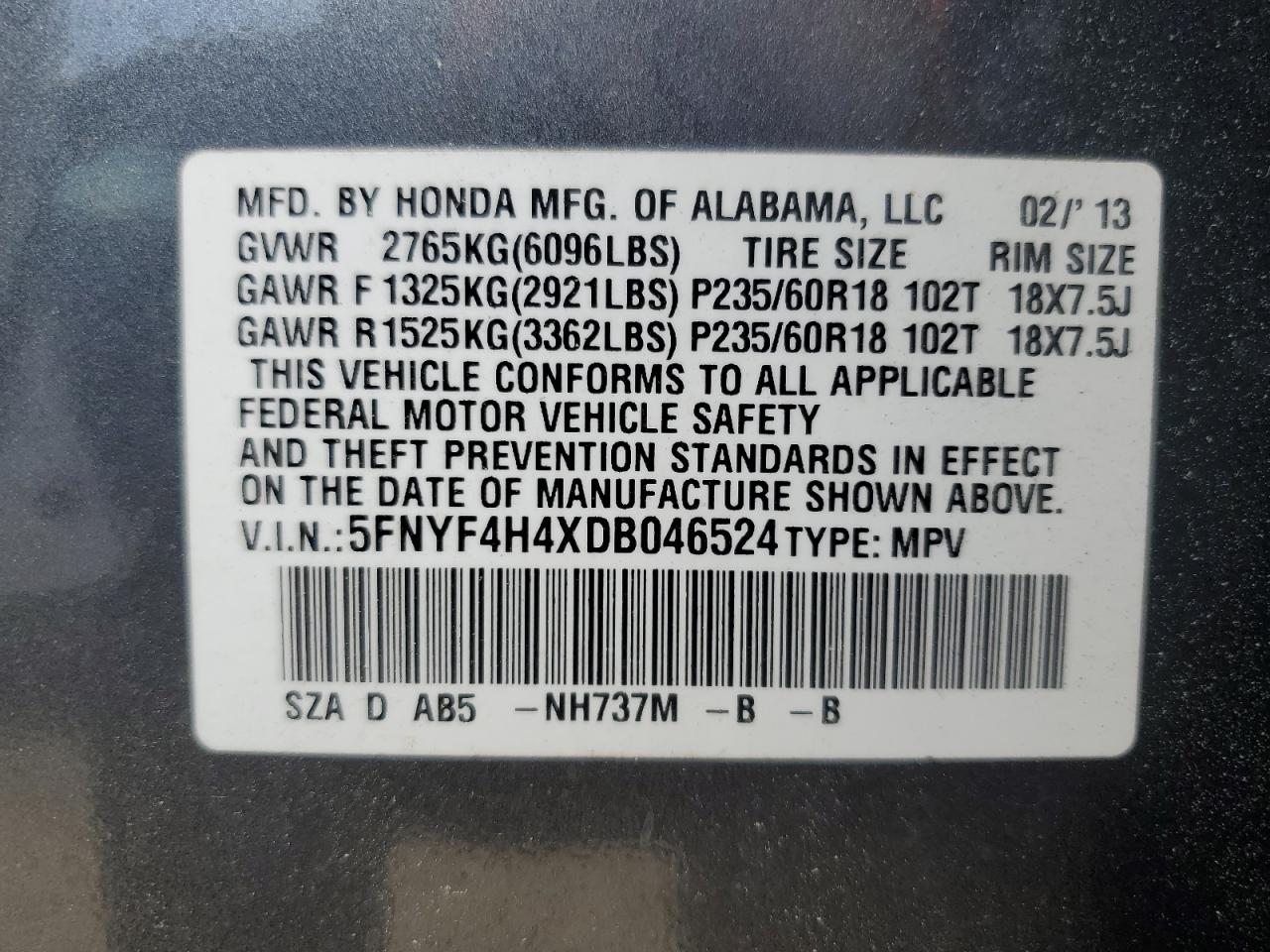 5FNYF4H4XDB046524 2013 Honda Pilot Ex