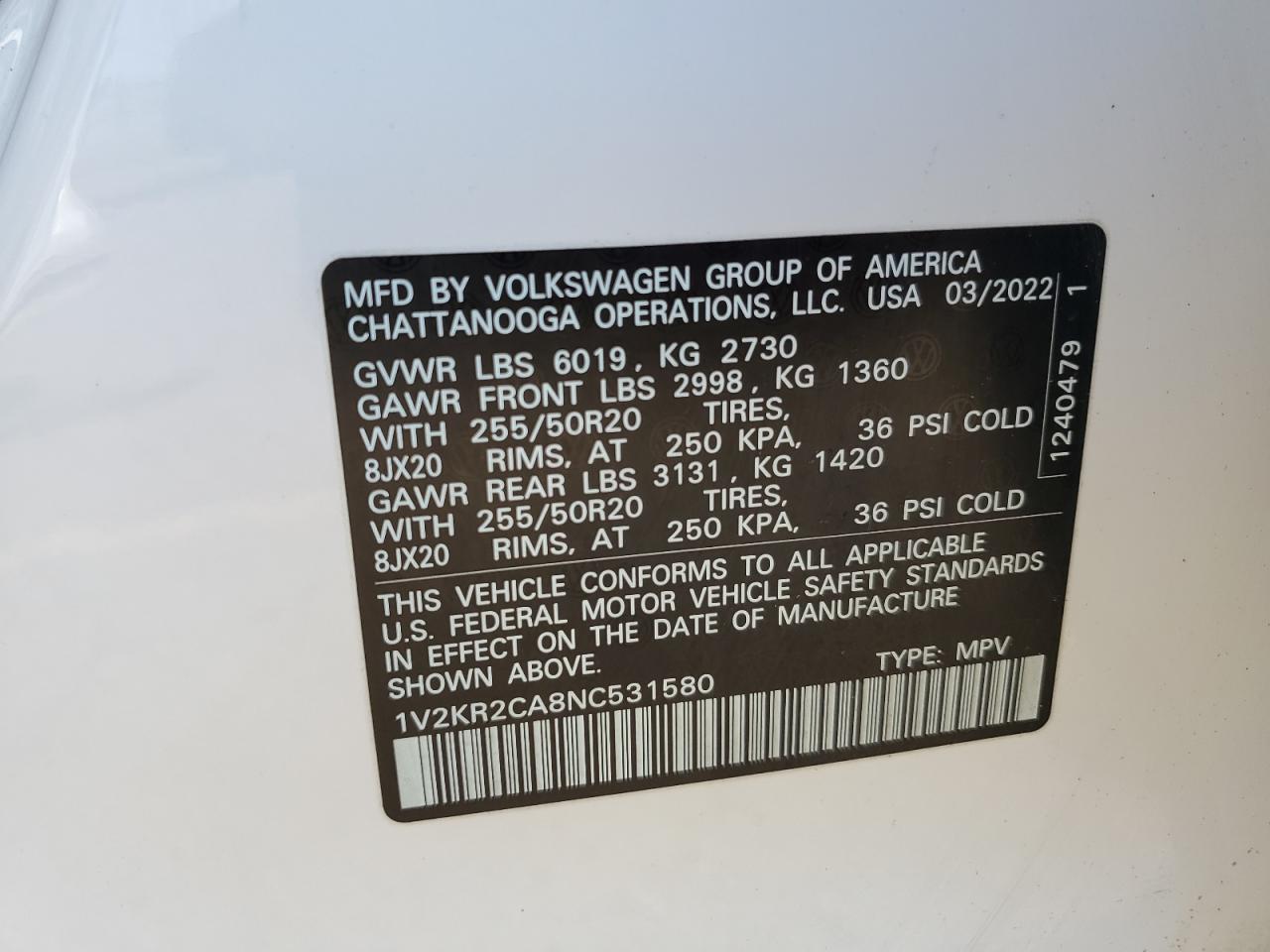 1V2KR2CA8NC531580 2022 Volkswagen Atlas Se