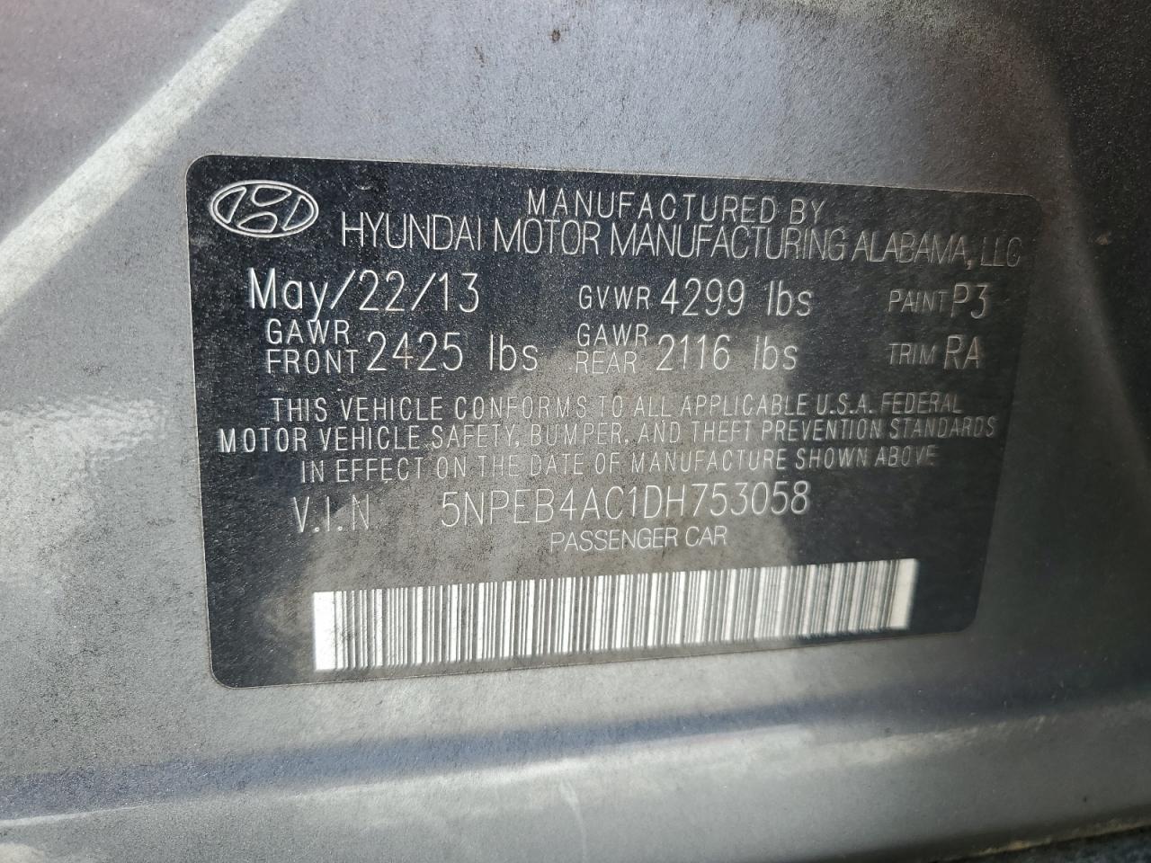 5NPEB4AC1DH753058 2013 Hyundai Sonata Gls