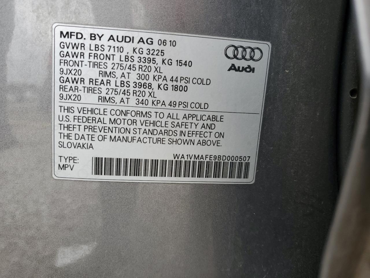 WA1VMAFE9BD000507 2011 Audi Q7 Prestige