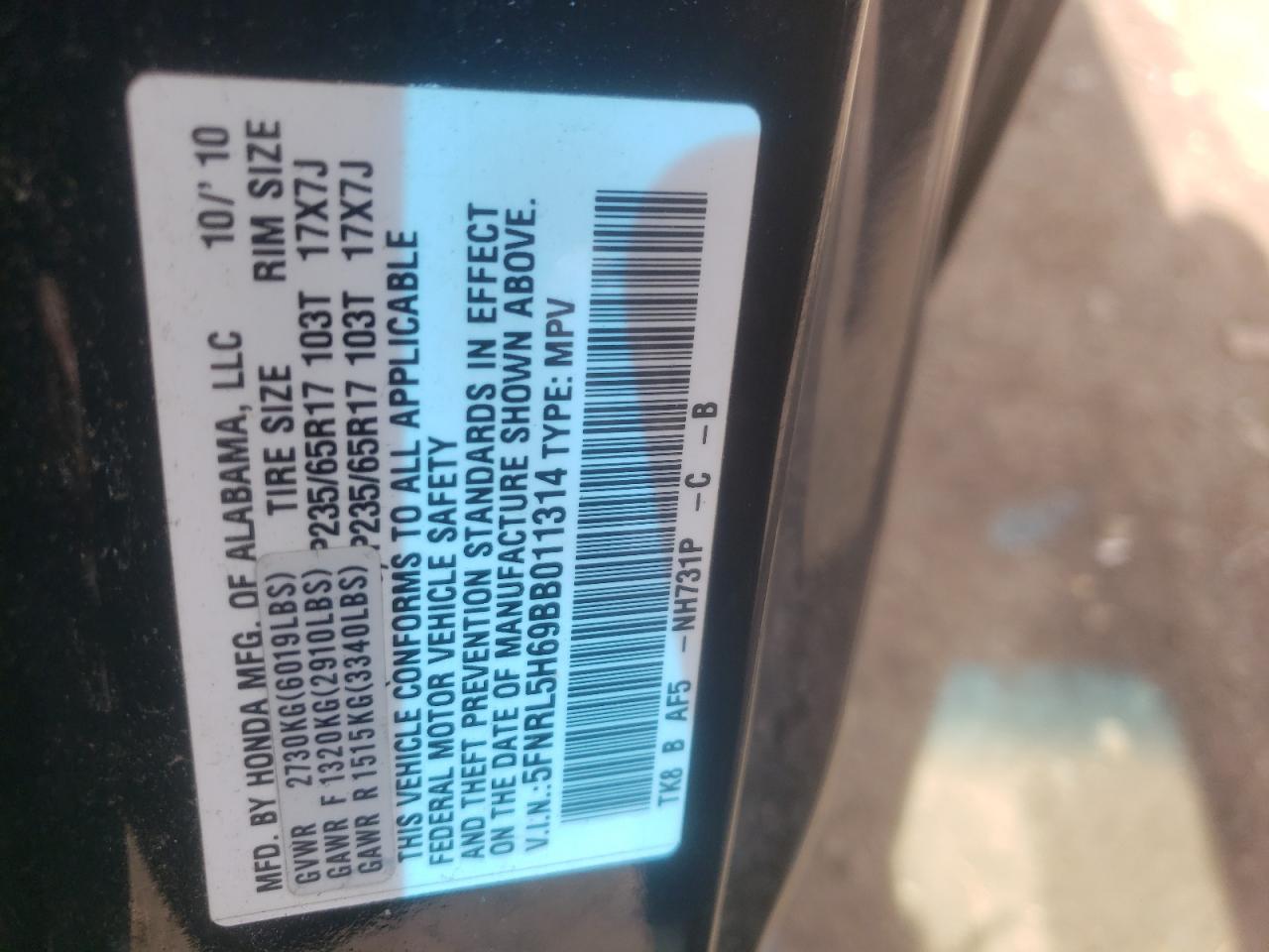 5FNRL5H69BB011314 2011 Honda Odyssey Exl