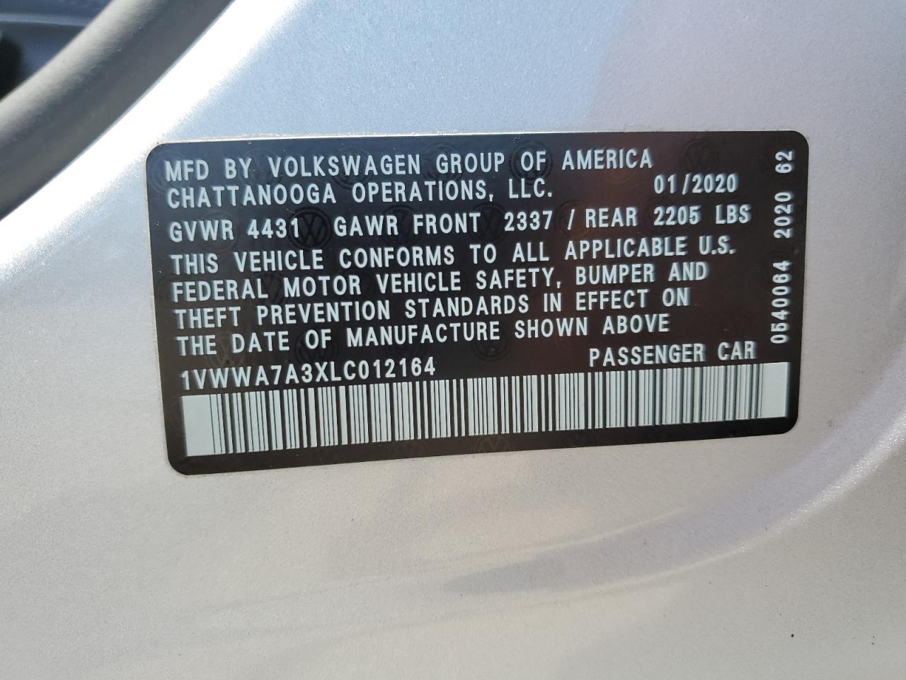 1VWWA7A3XLC012164 2020 Volkswagen Passat Se