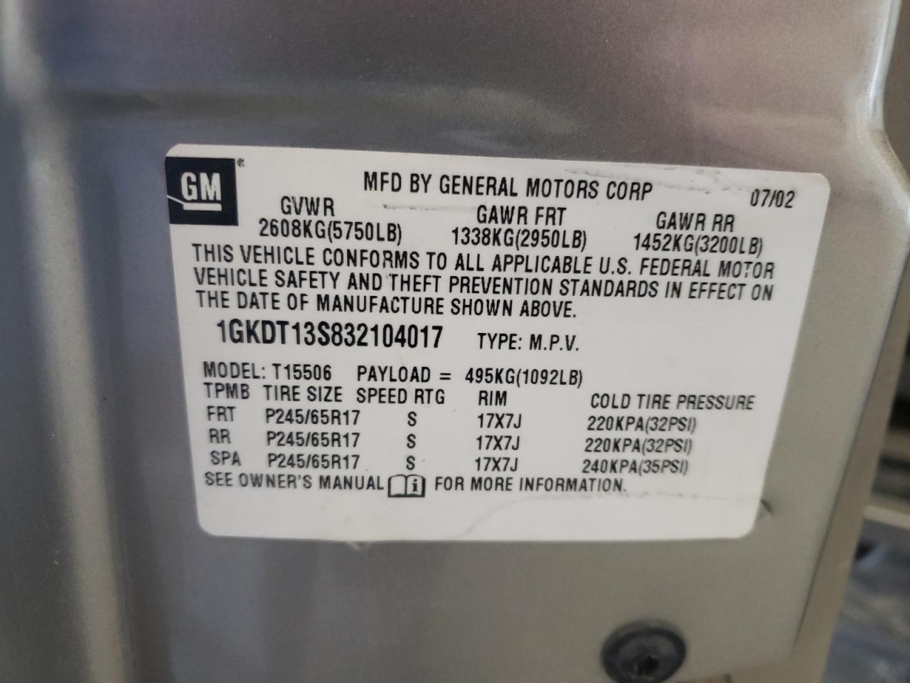 1GKDT13S832104017 2003 GMC Envoy