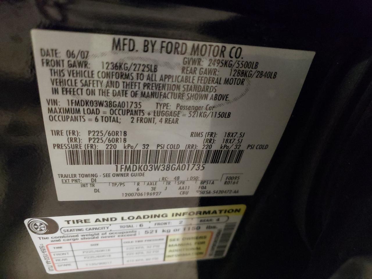 1FMDK03W38GA01735 2008 Ford Taurus X Limited