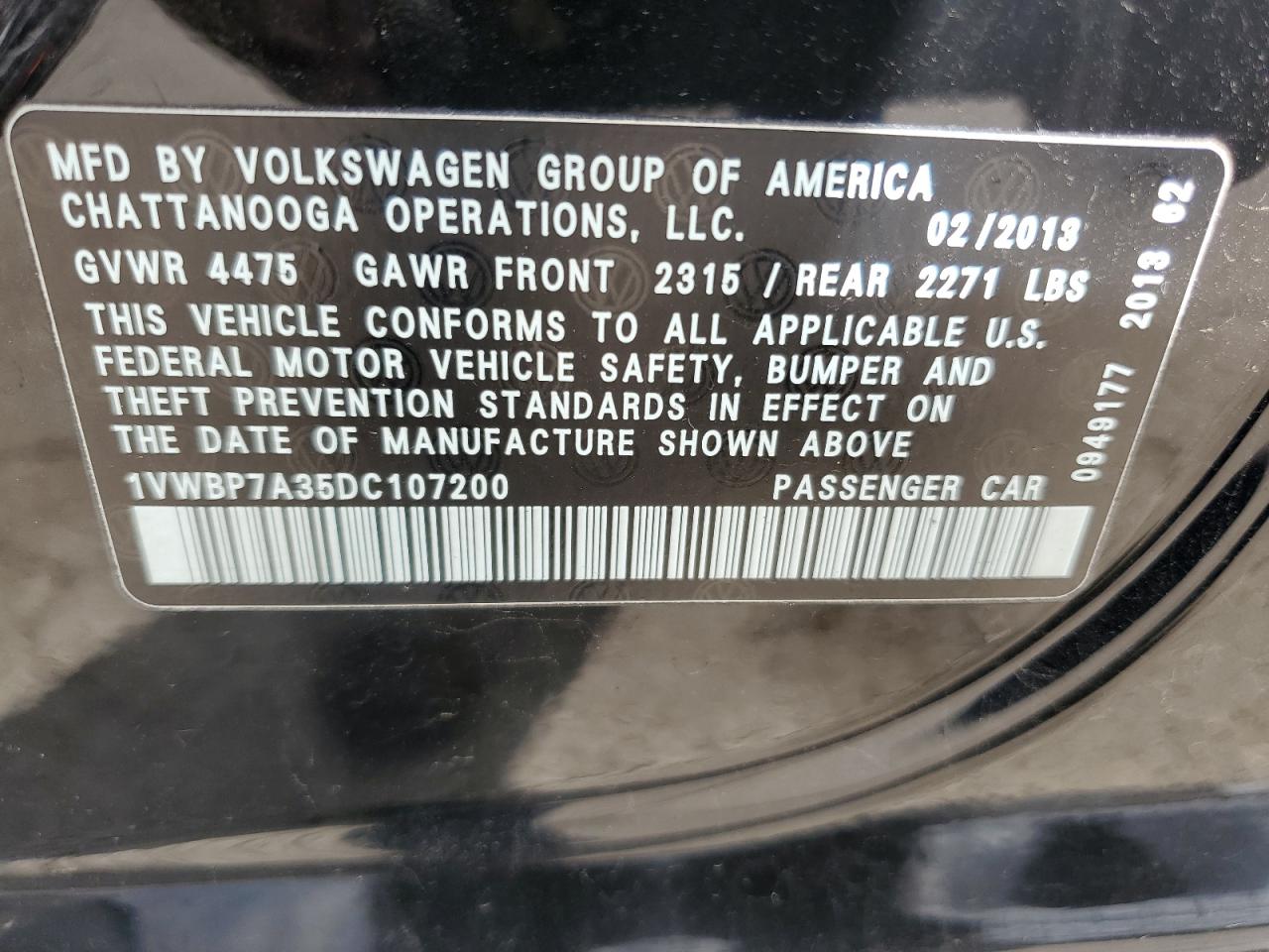 1VWBP7A35DC107200 2013 Volkswagen Passat Se