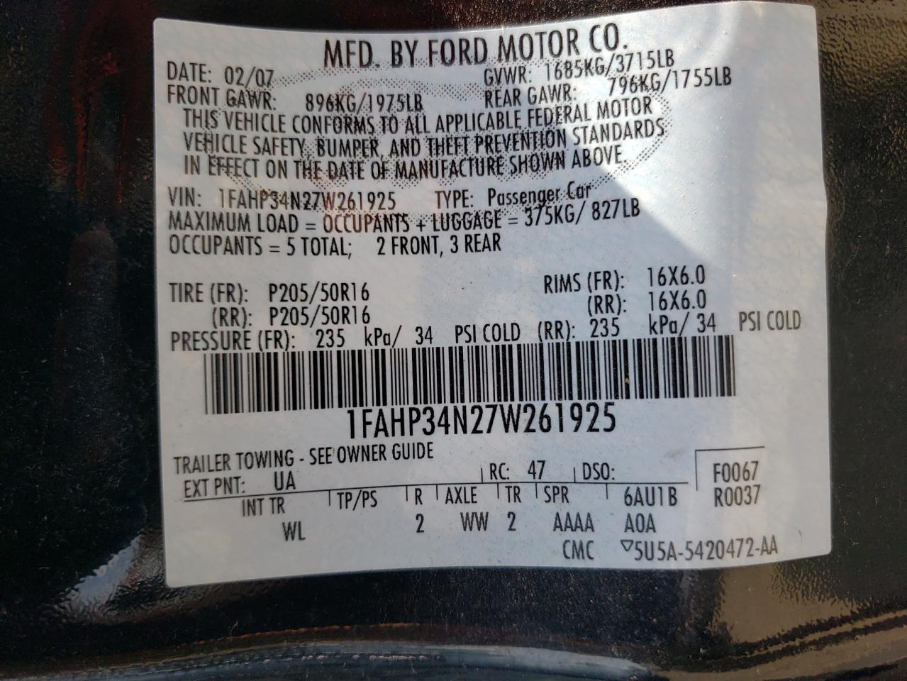 1FAHP34N27W261925 2007 Ford Focus Zx4