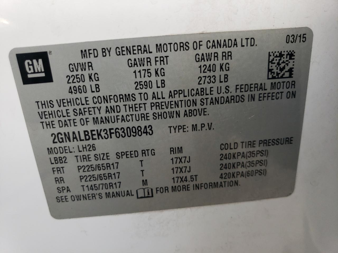 2GNALBEK3F6309843 2015 Chevrolet Equinox Lt