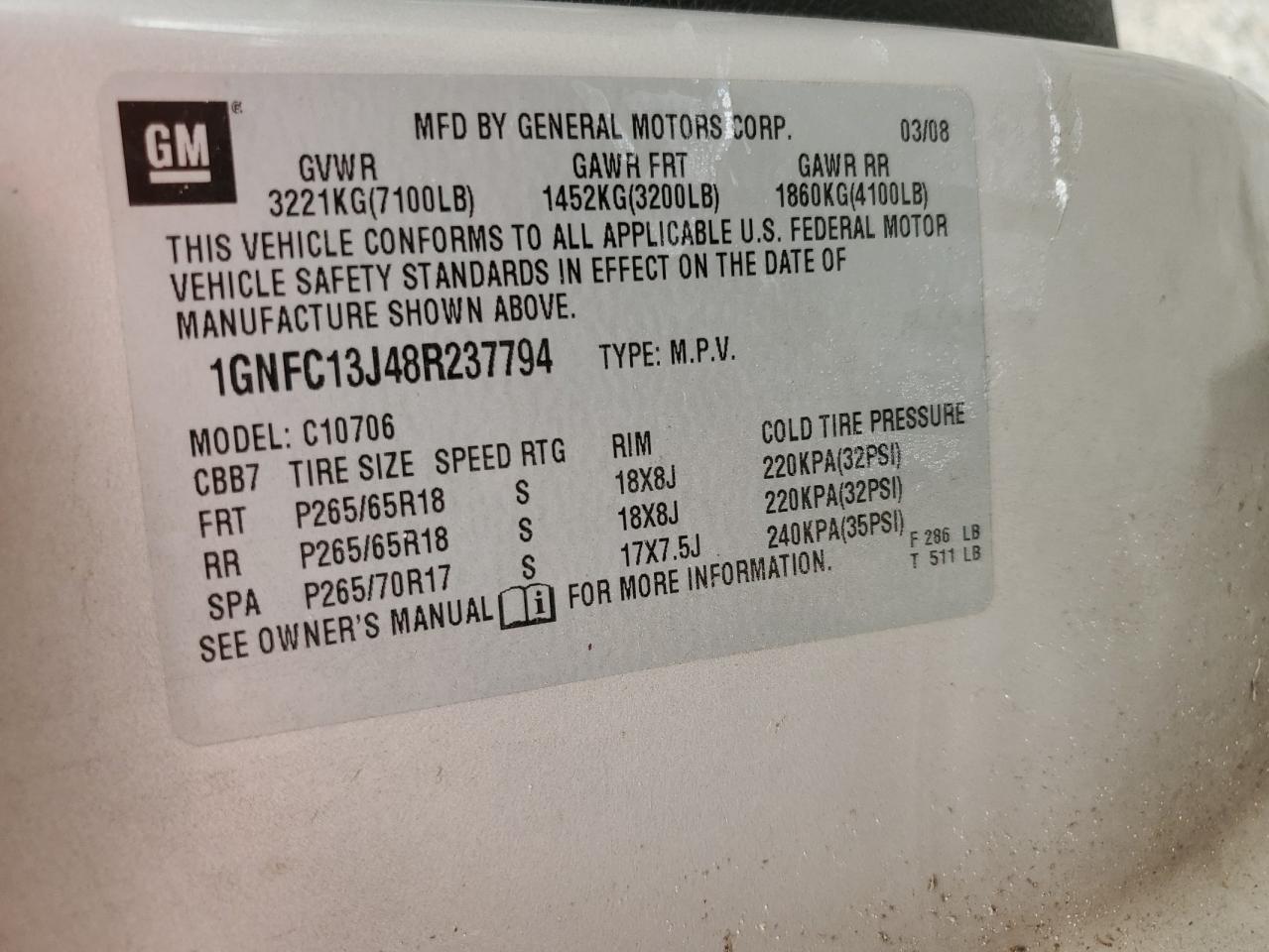 1GNFC13J48R237794 2008 Chevrolet Tahoe C1500