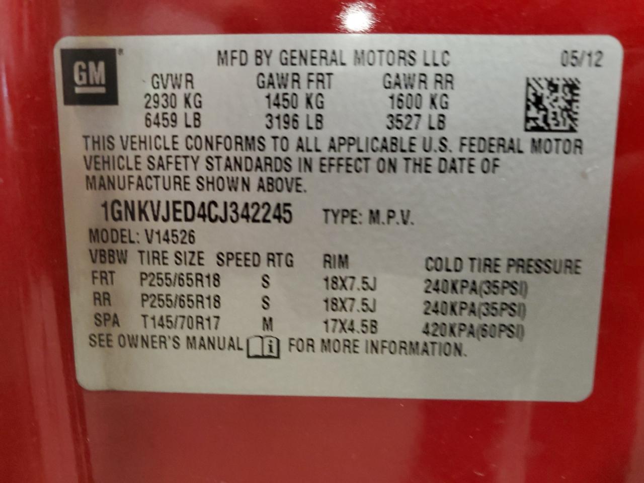 1GNKVJED4CJ342245 2012 Chevrolet Traverse Lt