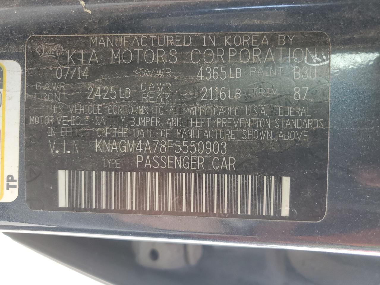 KNAGM4A78F5550903 2015 Kia Optima Lx