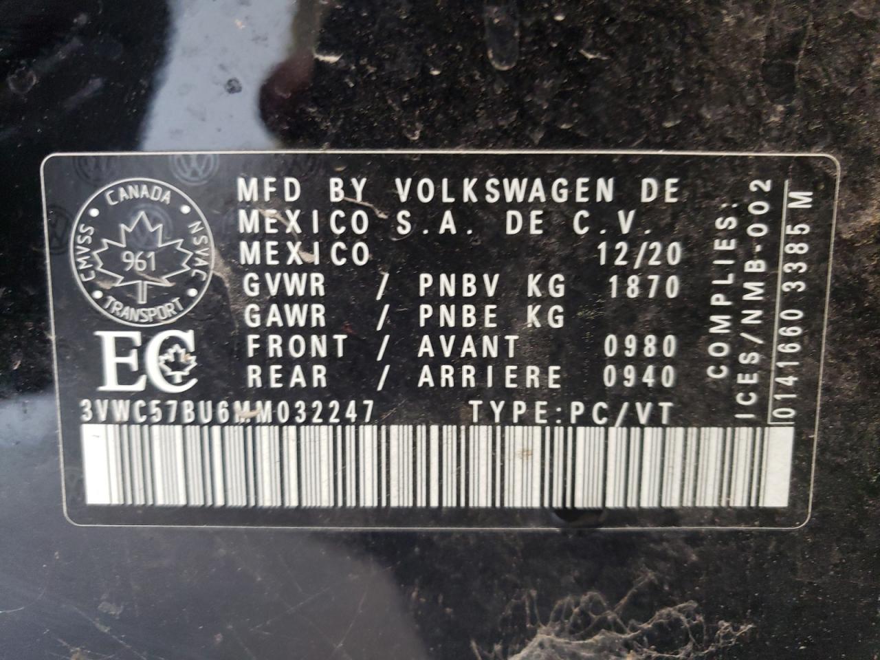 3VWC57BU6MM032247 2021 Volkswagen Jetta S