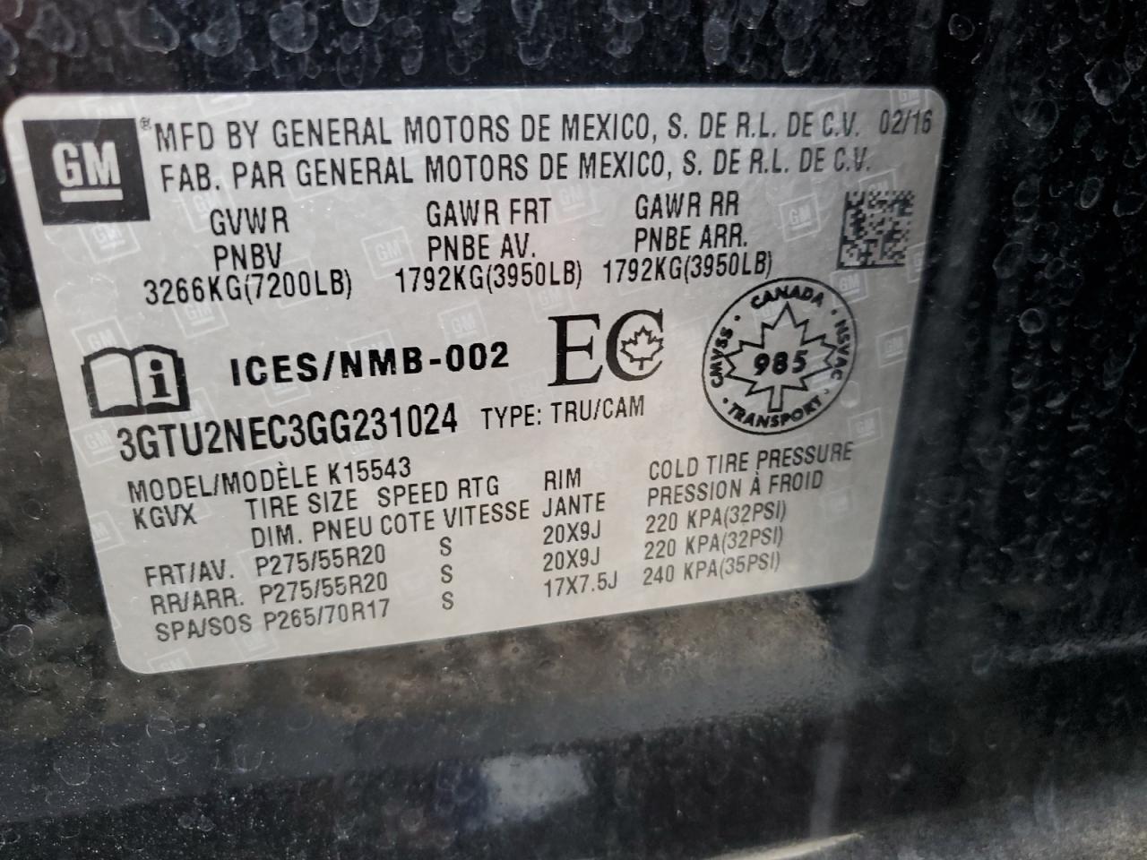 3GTU2NEC3GG231024 2016 GMC Sierra K1500 Slt
