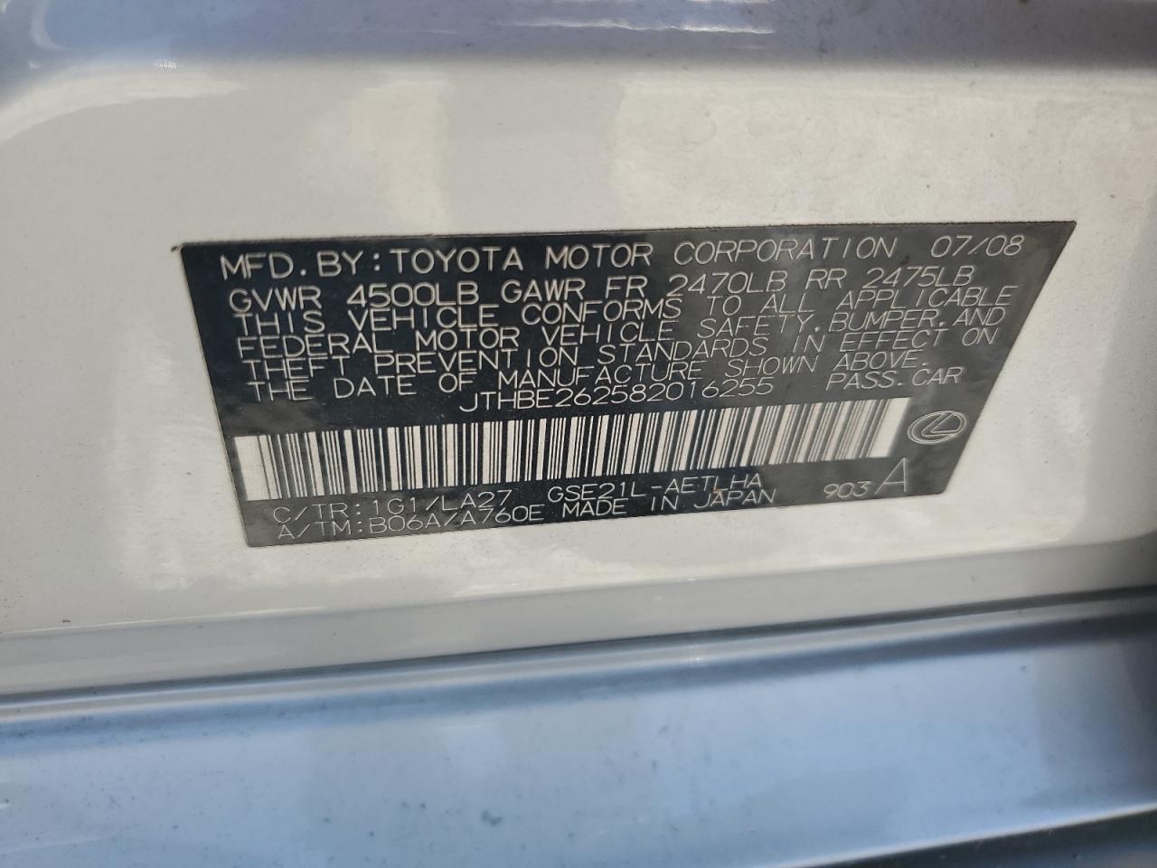 JTHBE262582016255 2008 Lexus Is 350