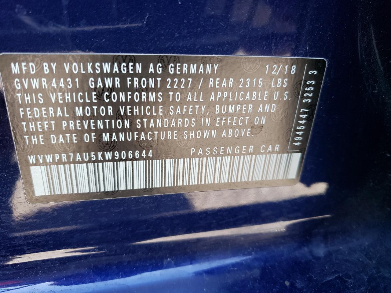 WVWPR7AU5KW906644 2019 Volkswagen E-Golf Sel Premium
