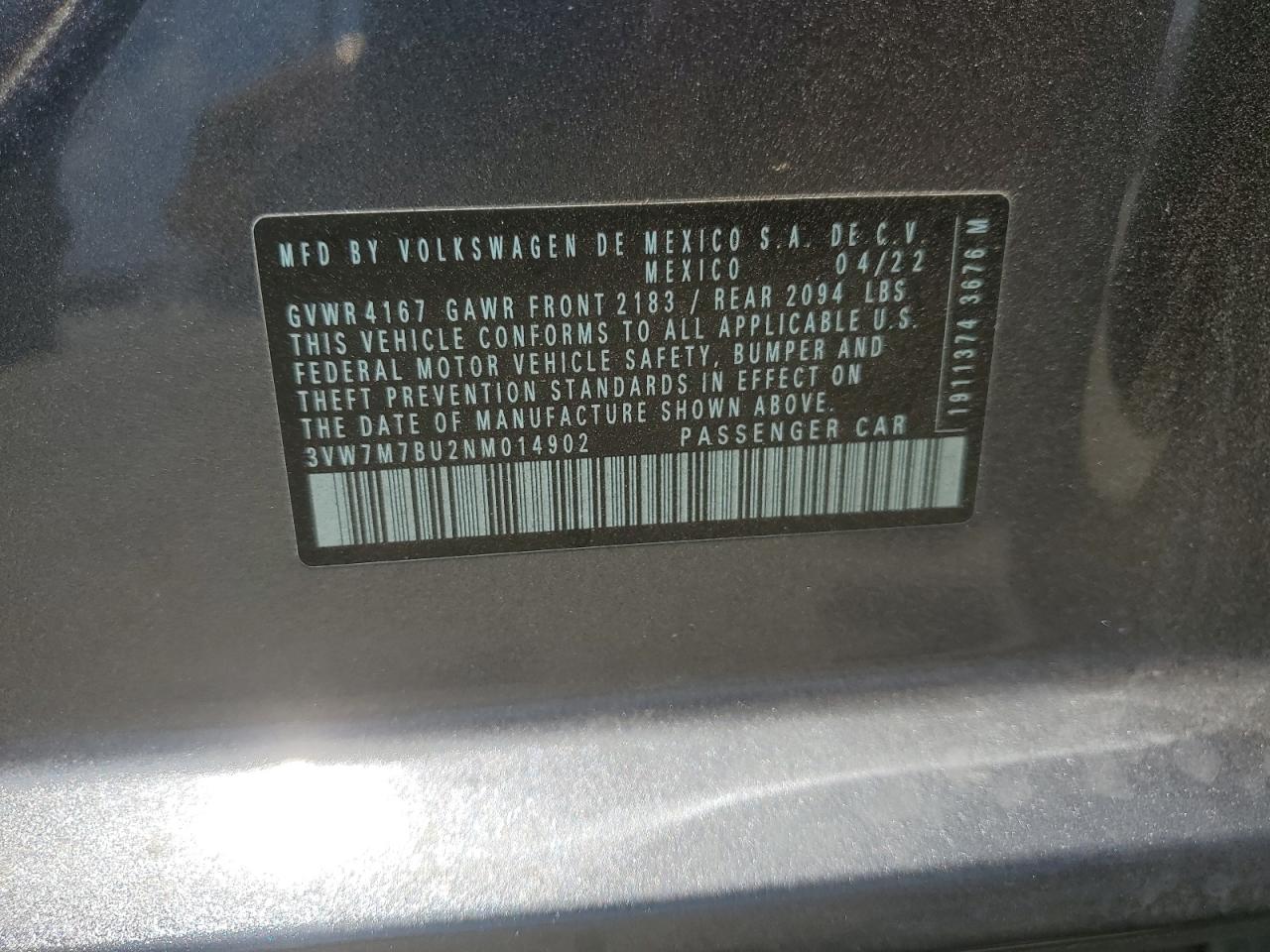 3VW7M7BU2NM014902 2022 Volkswagen Jetta Se