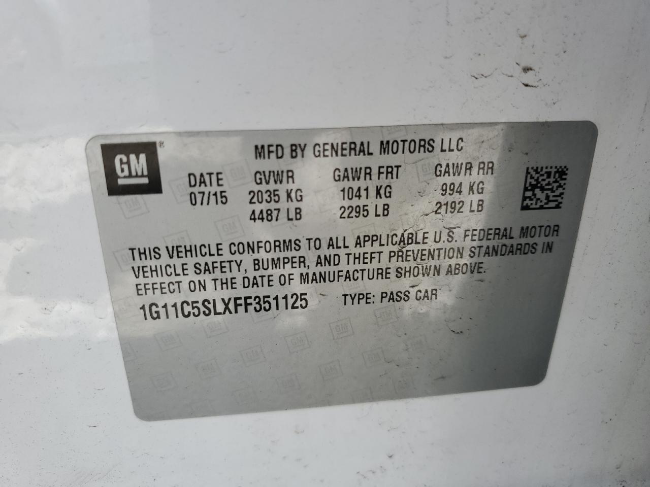 1G11C5SLXFF351125 2015 Chevrolet Malibu 1Lt