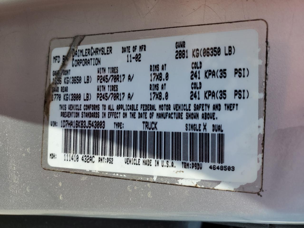 1D7HA16K83J543003 2003 Dodge Ram 1500 St