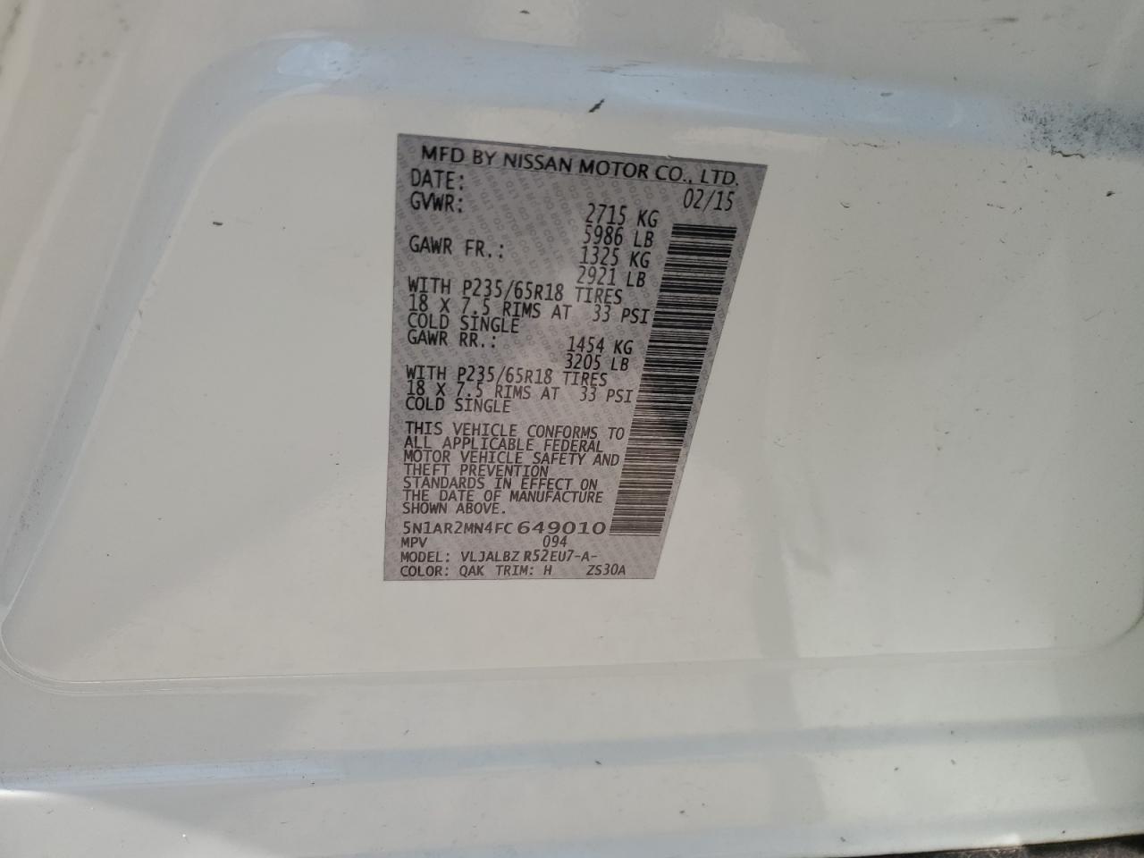 5N1AR2MN4FC649010 2015 Nissan Pathfinder S