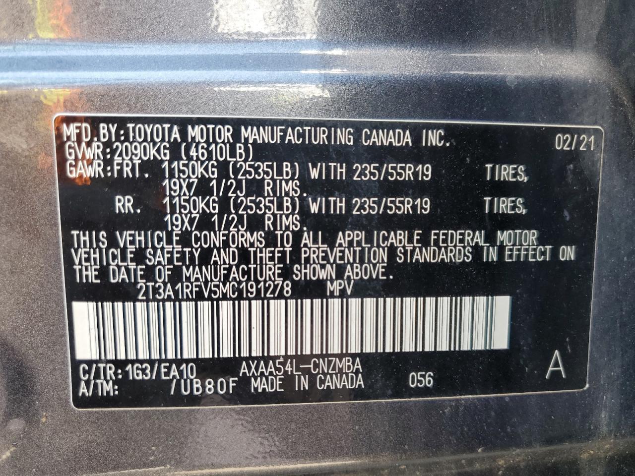 2T3A1RFV5MC191278 2021 Toyota Rav4 Xle Premium