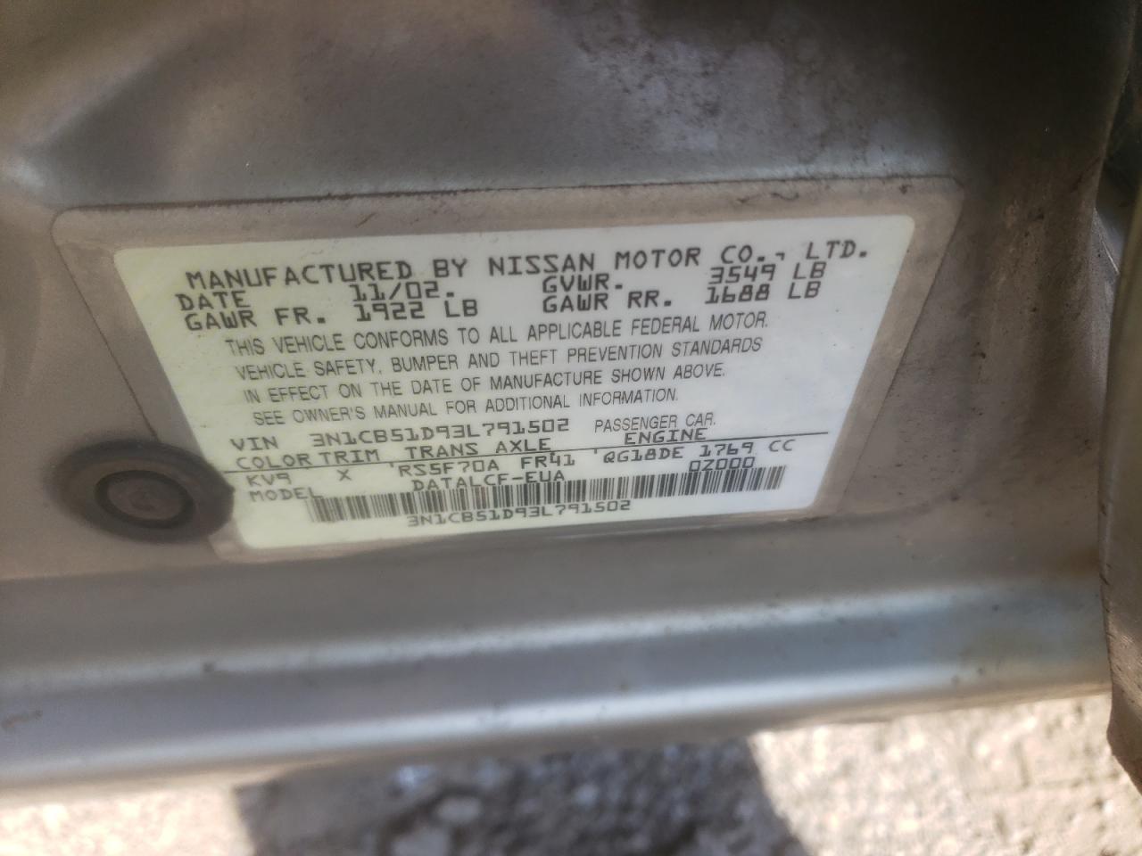 3N1CB51D93L791502 2003 Nissan Sentra Xe