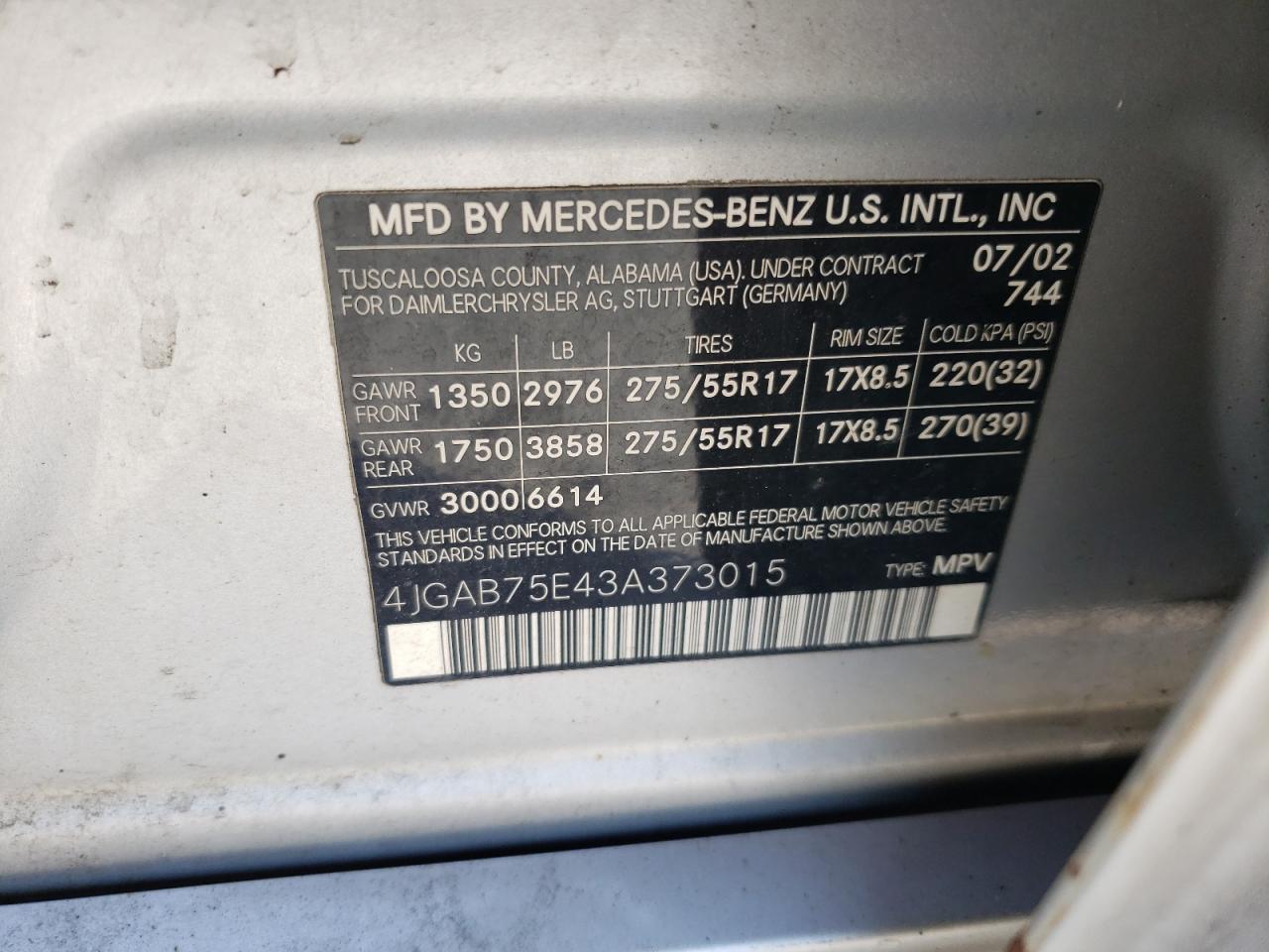 4JGAB75E43A373015 2003 Mercedes-Benz Ml 500