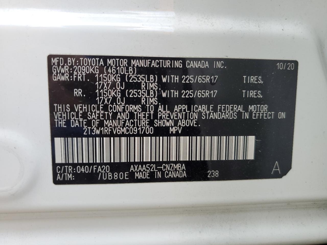 2T3W1RFV6MC091700 2021 Toyota Rav4 Xle