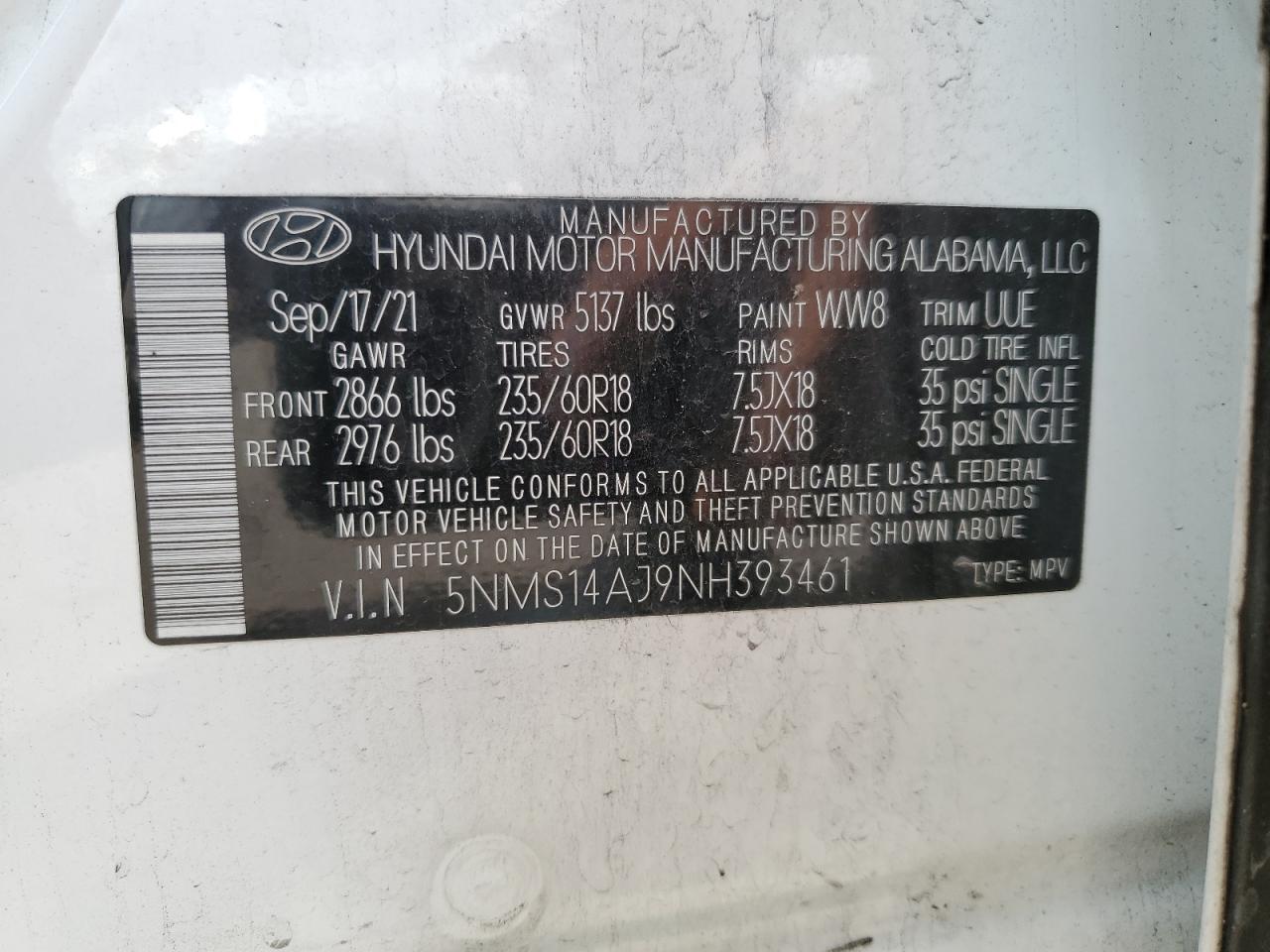 5NMS14AJ9NH393461 2022 Hyundai Santa Fe Se