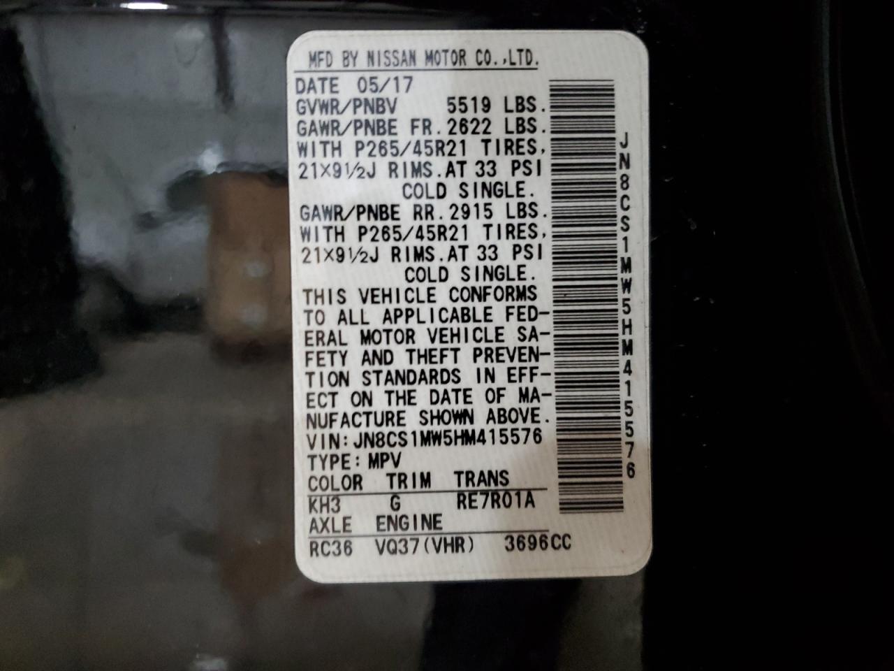 JN8CS1MW5HM415576 2017 Infiniti Qx70