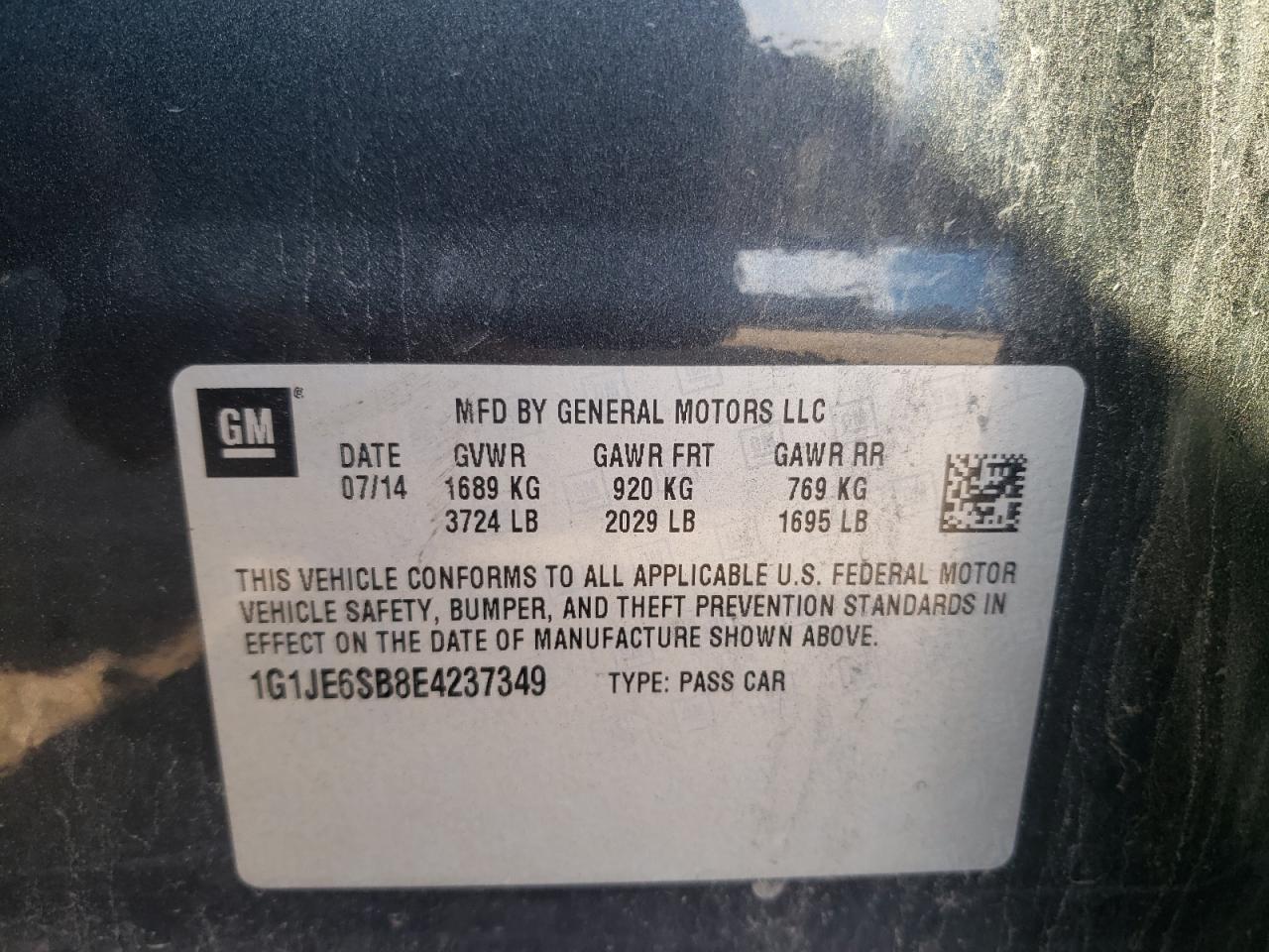 1G1JE6SB8E4237349 2014 Chevrolet Sonic Ltz