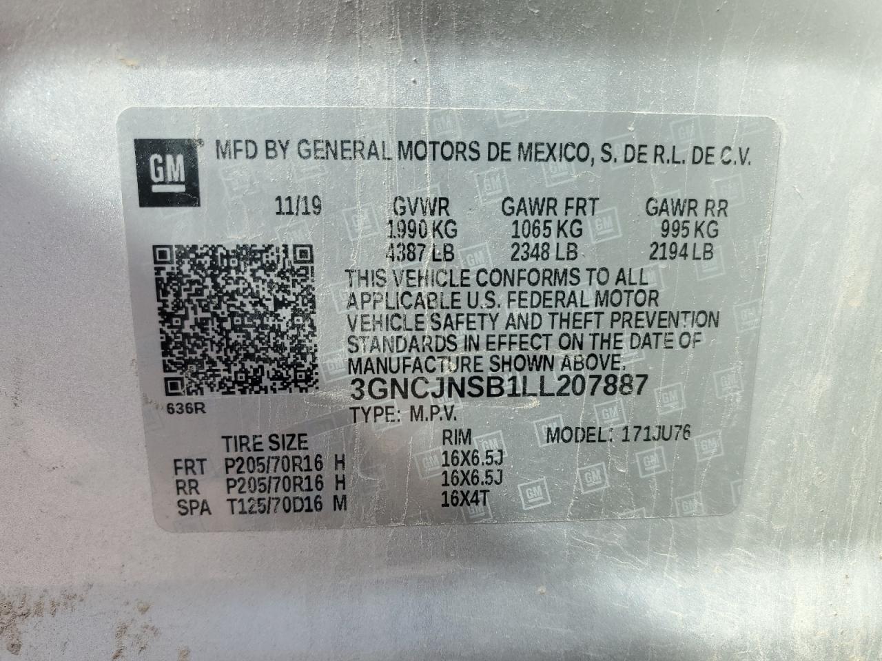 3GNCJNSB1LL207887 2020 Chevrolet Trax Ls