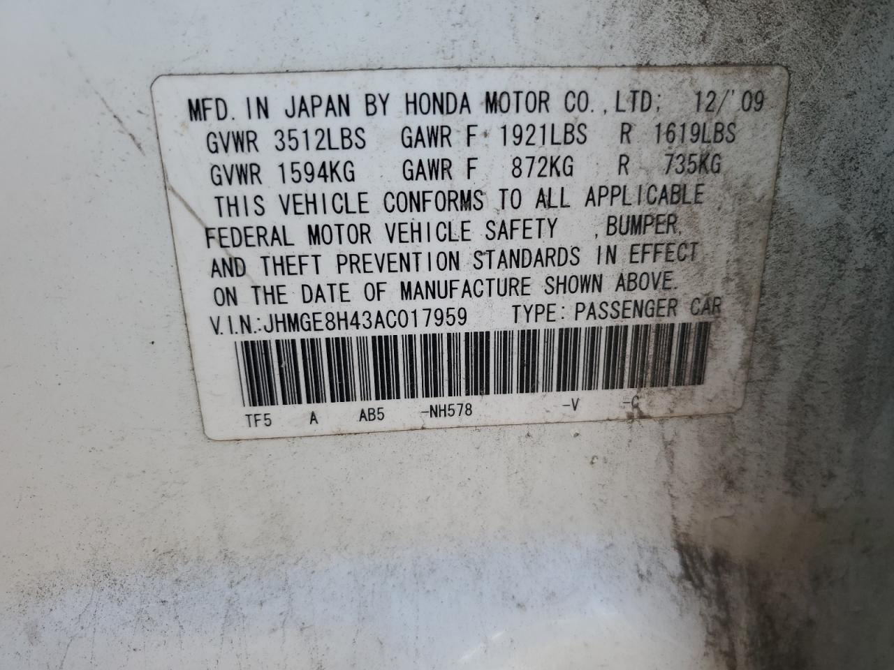 JHMGE8H43AC017959 2010 Honda Fit Sport