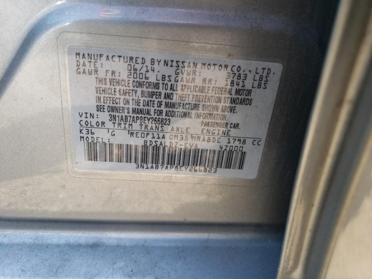 3N1AB7AP8EY266823 2014 Nissan Sentra S