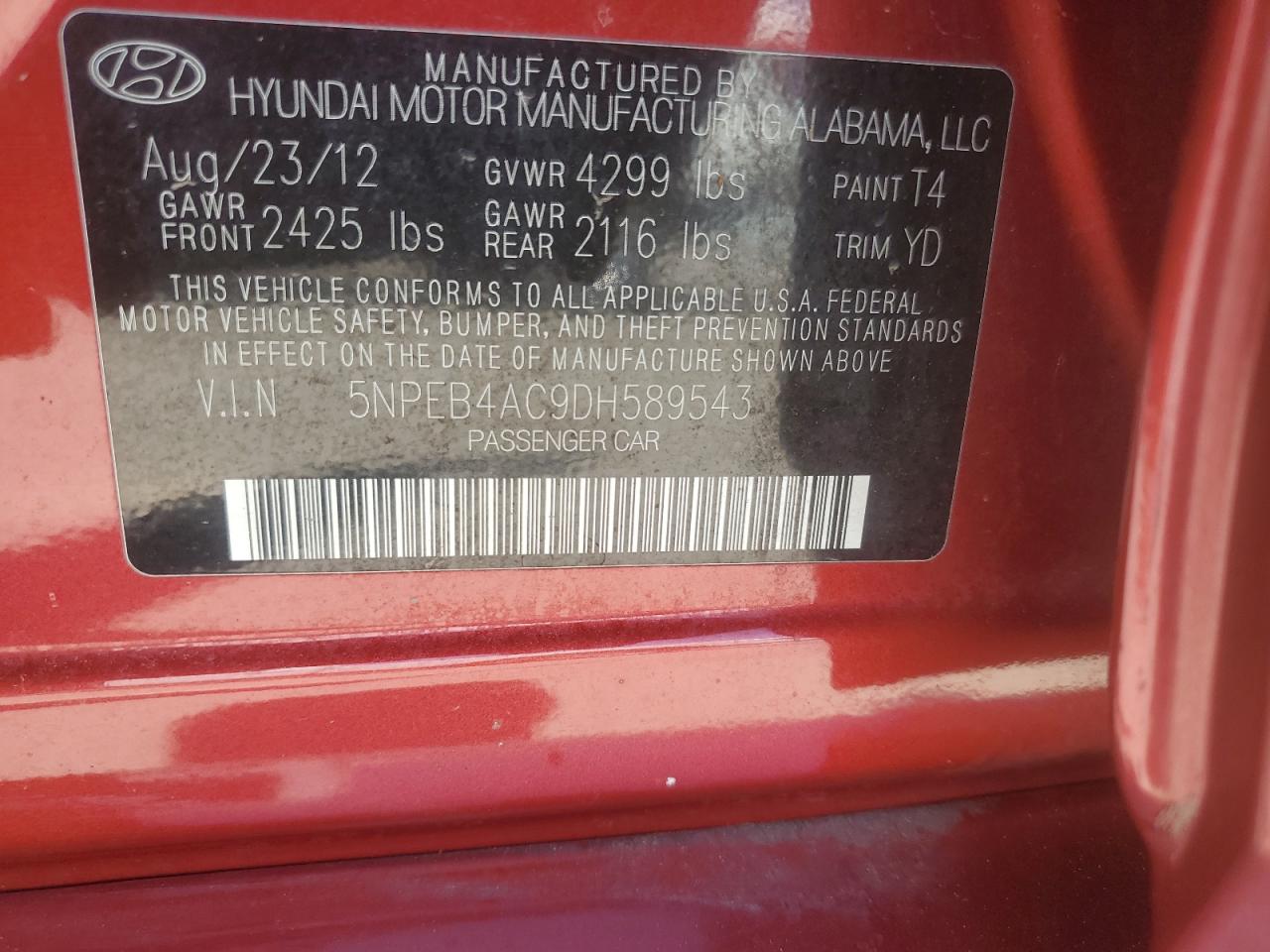 5NPEB4AC9DH589543 2013 Hyundai Sonata Gls