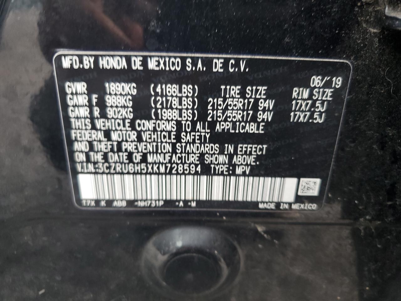 3CZRU6H5XKM728594 2019 Honda Hr-V Ex