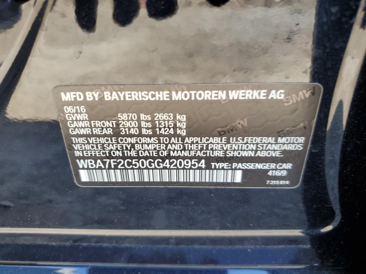 WBA7F2C50GG420954 2016 BMW 750 Xi