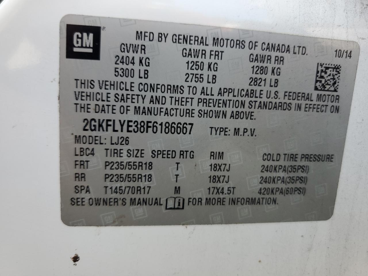 2GKFLYE38F6186667 2015 GMC Terrain Slt