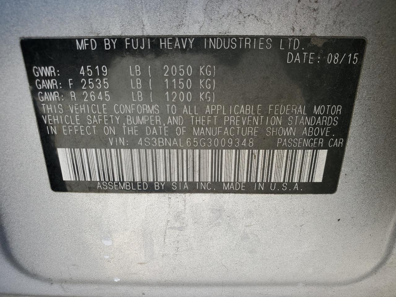 4S3BNAL65G3009348 2016 Subaru Legacy 2.5I Limited