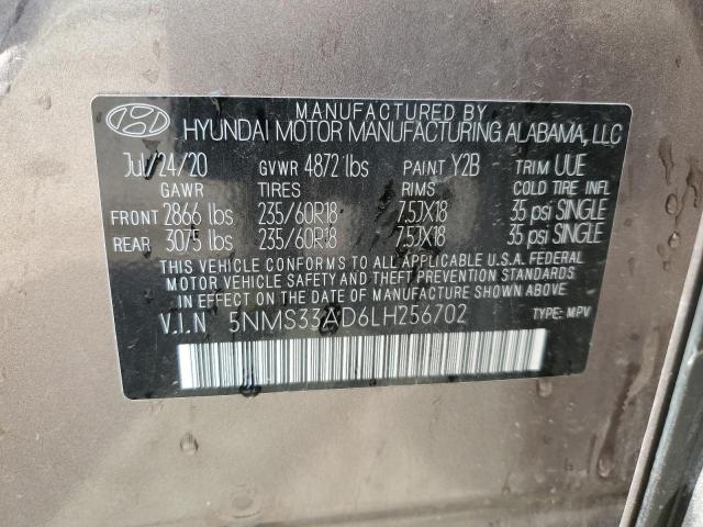 2020 Hyundai Santa Fe Sel VIN: 5NMS33AD6LH256702 Lot: 58965954