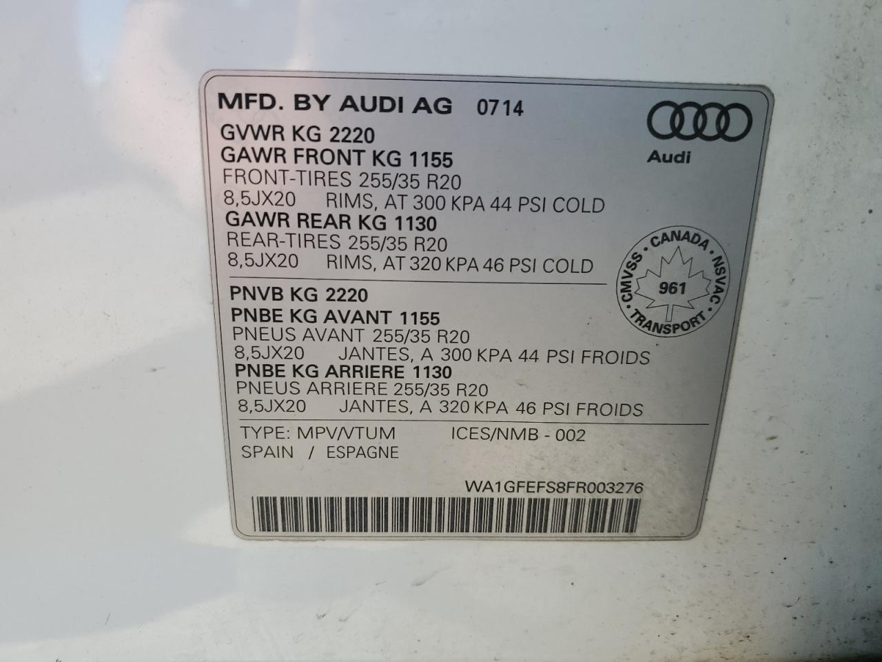 WA1GFEFS8FR003276 2015 Audi Q3 Prestige