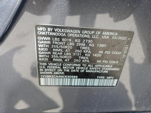 2022 Volkswagen Atlas Sel VIN: 1V2BR2CA4NC530989 Lot: 59225634