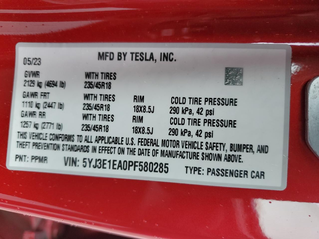 5YJ3E1EA0PF580285 2023 Tesla Model 3