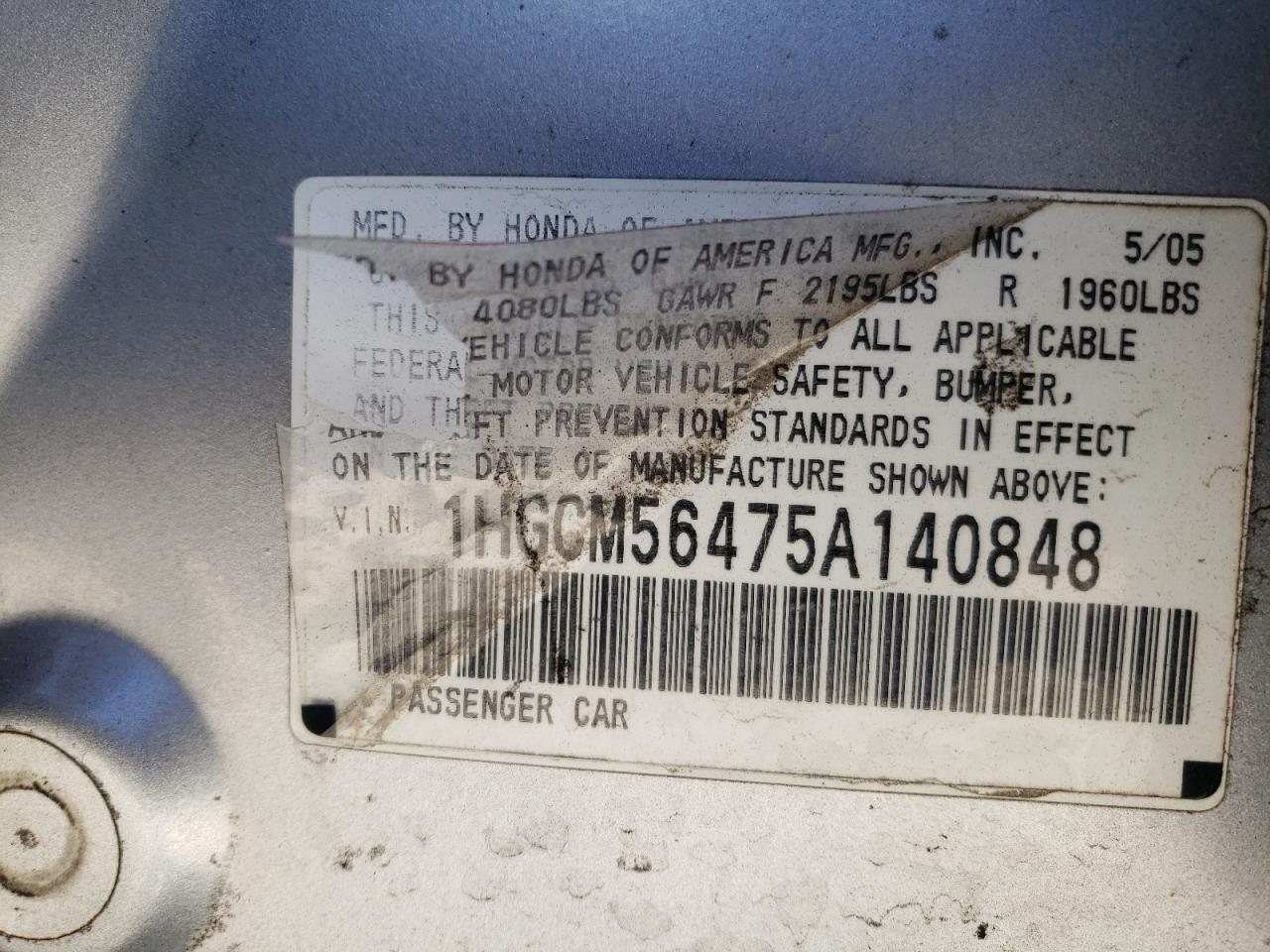 1HGCM56475A140848 2005 Honda Accord Lx