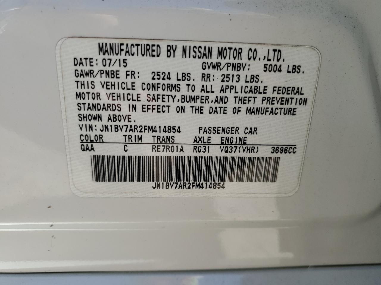 JN1BV7AR2FM414854 2015 Infiniti Q50 Base