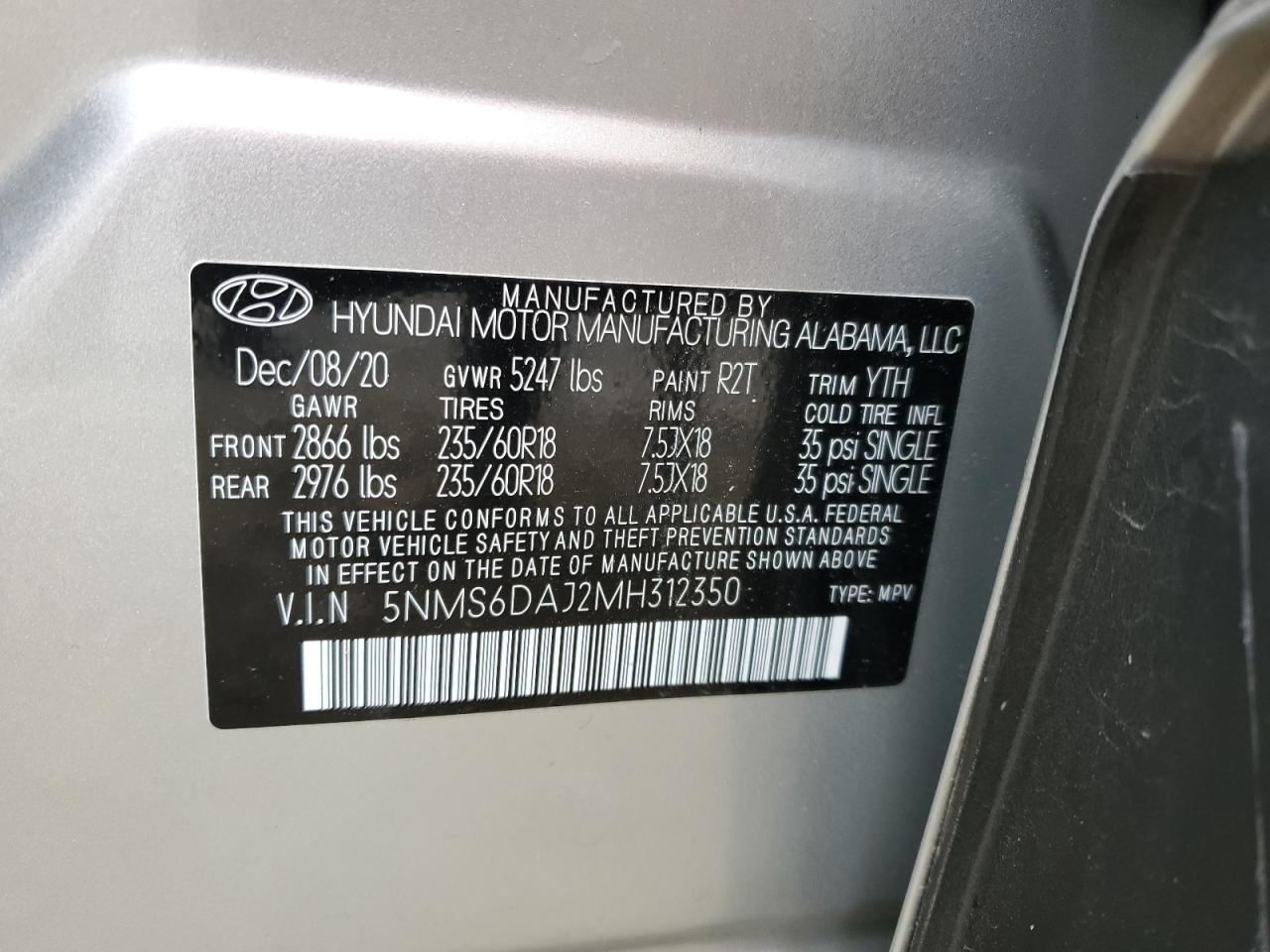 5NMS6DAJ2MH312350 2021 Hyundai Santa Fe Sel