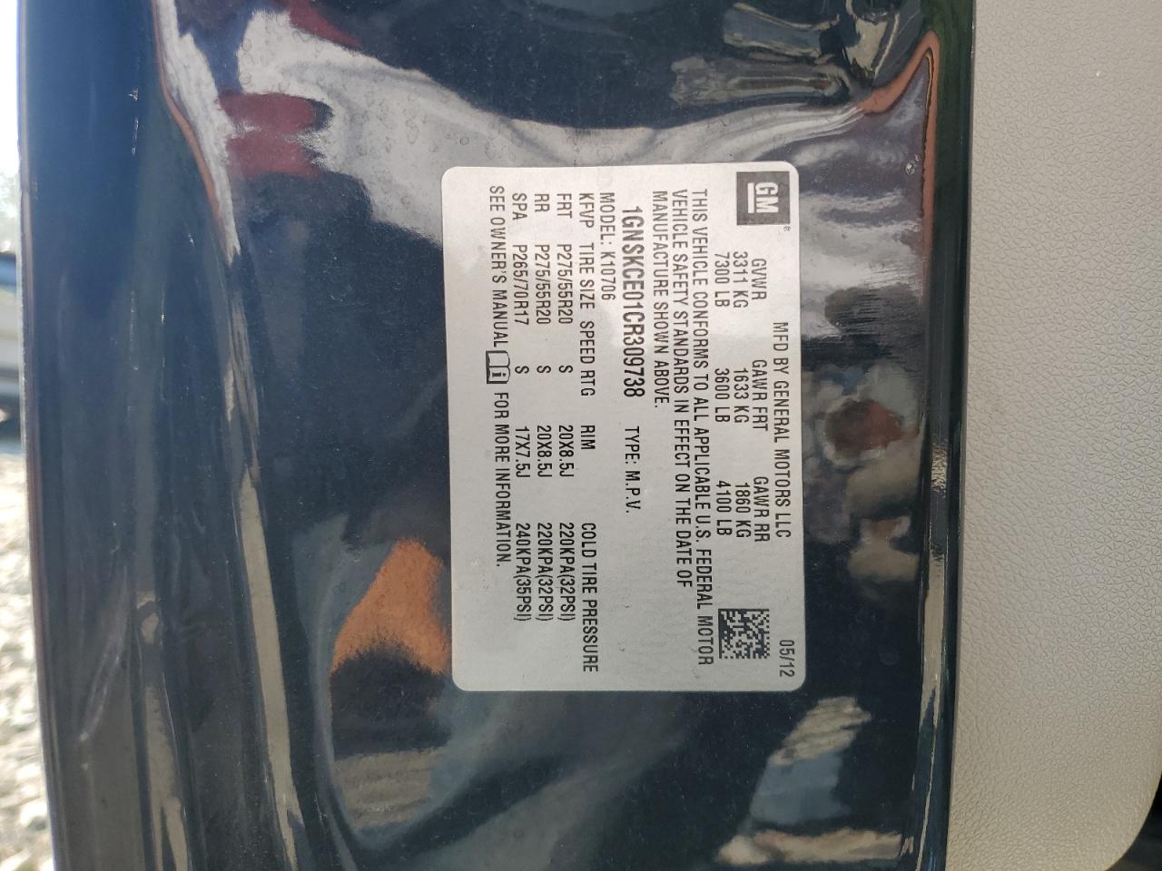 1GNSKCE01CR309738 2012 Chevrolet Tahoe K1500 Ltz